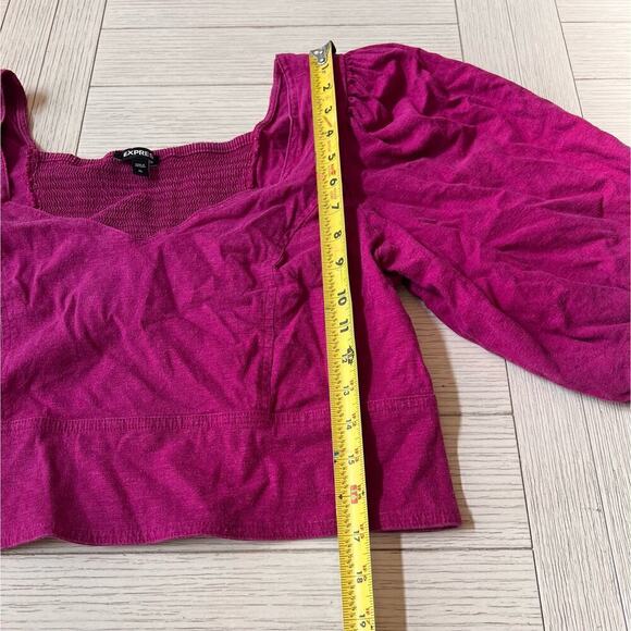 Express linen blend crop top w/ bubble sleeves, smocked back in berry pink. XL - Picture 4 of 7